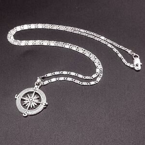 925 Silver Necklace W/ Ornate Compass Pendant Navigation Vtg Men's Birthday Gift